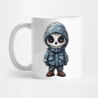 A figure of a ghastly boy in a halloween mask ! snow ! Mug